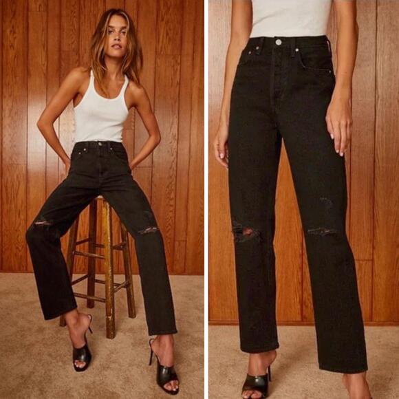 DENIM FORUM Aritzia The Joni High Rise Loose Jean Sz 24 Distressing Washed Black - Picture 1 of 9